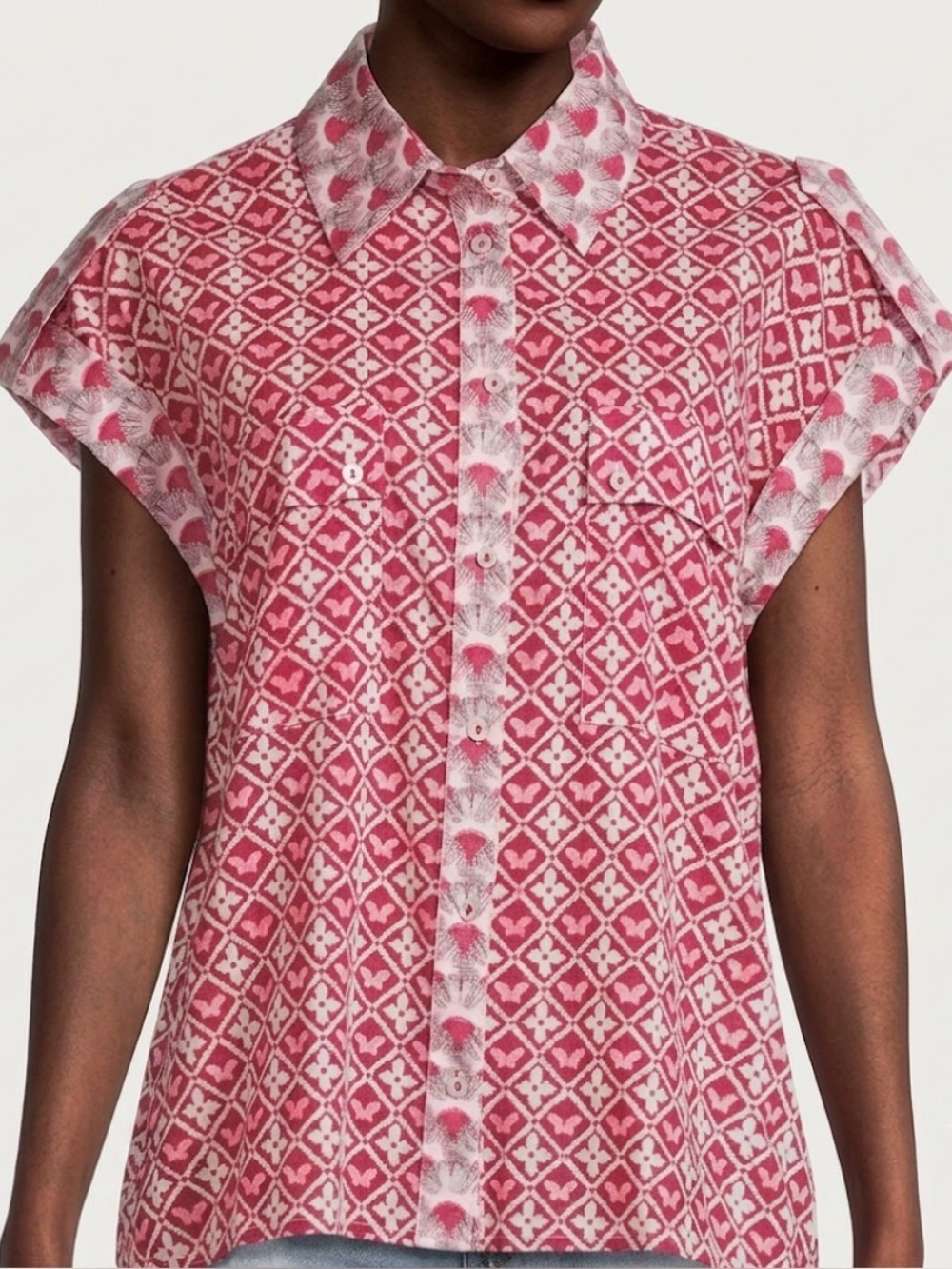 Ro's Garden Pink Red Geometric Floral Button Down Printed Cap Sleeve Top Shirt S